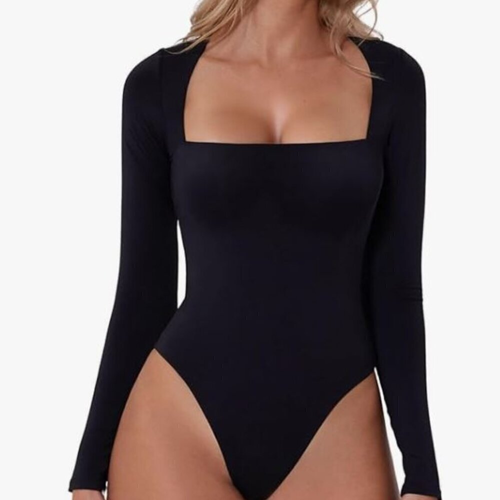 Long Sleeve Square Neck Bodysuit - Black